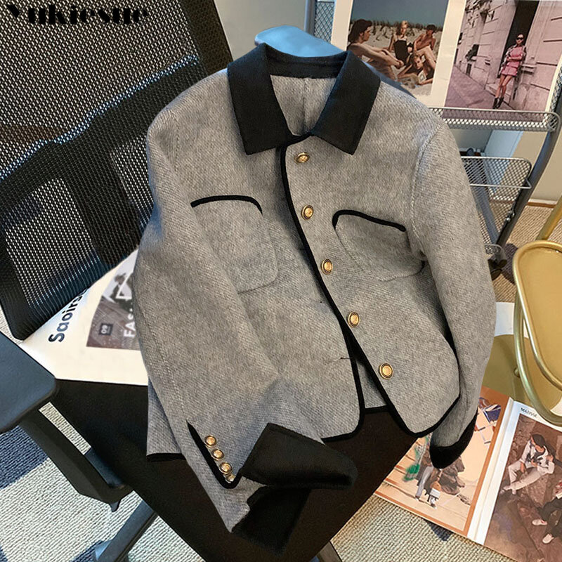 Casaco feminino com patchwork de peito único, casacos casuais, gola virada para baixo, edição coreana, estilo luxo, moda, outono, inverno, 2023