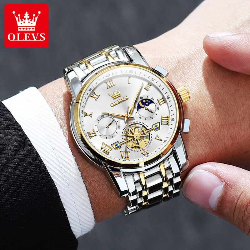 OLEVS 2859 jam tangan pria, mewah tahan air jam tangan kronograf bercahaya untuk pria baja nirkarat jam kuarsa reloj hombre