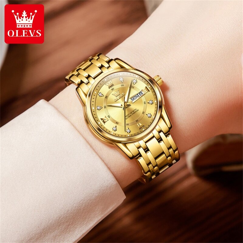 Ollevs นาฬิกาควอทซ์สีทองสำหรับผู้หญิง, นาฬิกาสายเหล็กกันน้ำ30เมตรสำหรับผู้หญิงนาฬิกาผู้หญิง relogio feminino