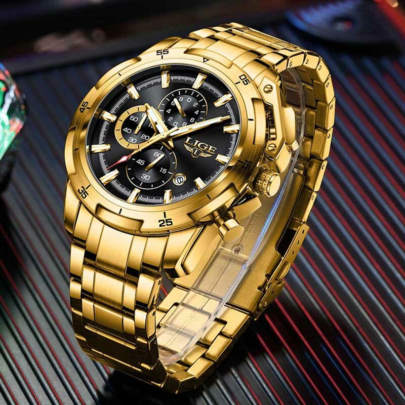 LIGE-Relógio de pulso de quartzo masculino com data cronógrafo, relógio esportivo impermeável, relógios grandes para homens, marca de luxo