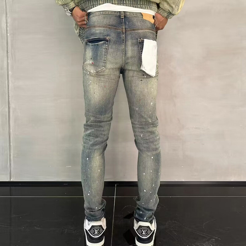 High Street Fashion Herren Jeans blau Vintage gewaschen elastisch eng geteilte Jeans Designer Hip Hop Marke Hosen Hombre