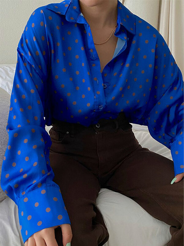 女性用長袖シャツ,ヴィンテージ,カジュアル,ファッショナブル,水玉模様,折り返し襟,新しい春のコレクション2022