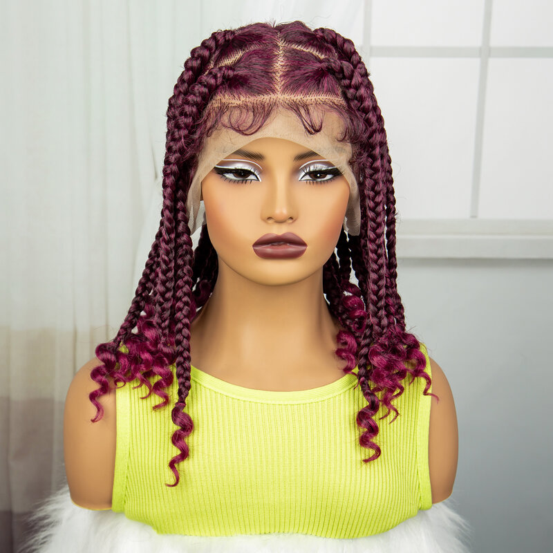 14inch 99J Burgundy Braided Wigs with Curly Ends Synthetic Lace Front Braided Lace Wig for Women Knotless Box Braiding Hair Wig