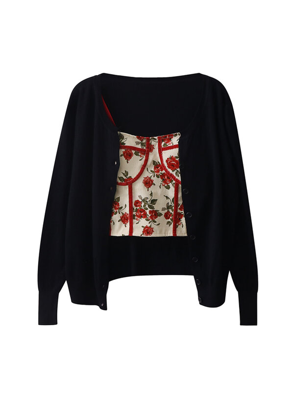 Jaqueta de cardigã de malha floral pequena com gola o feminino, conjunto para primavera e outono, francês, estilo suave, retrô, novo, 2 peças