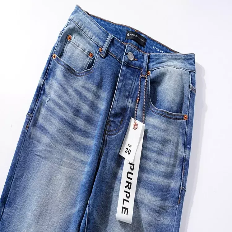 High qualityPurple brand 2024 Street Denim Light Blue Straight Leg Ribbed Slim Fit Vintage Jeans