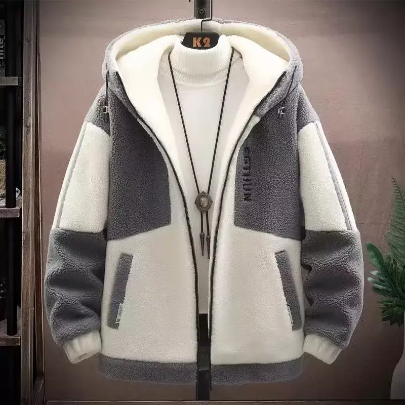 Jaket bertudung untuk pria, jaket wol hangat modis gaya Korea musim dingin Harajuku untuk pria 2023