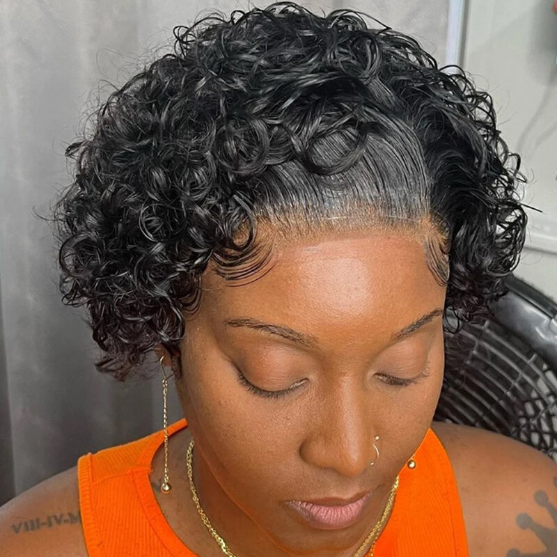 Short Pixie Cut Wig Brazilian Transparent Lace Human Hair Wigs 13x1 Pre Plucked Cheap Remy Water Bob Curly Wig For Black Women
