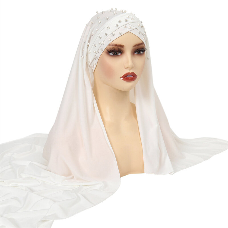 Instant Hijabs Beads Scarf with Cross Jersey Caps Bonnet Tie Back Muslim Fashion Women Veil Scarf Hijab with Cap Attached Shawls