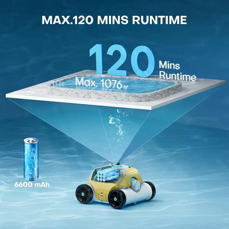 1200 pulitore per piscina robotico senza fili, Max.120 minuti di autonomia, 3 ore di ricarica rapida, aspirapolvere automatico per piscina con potenza di aspirazione 1.5X