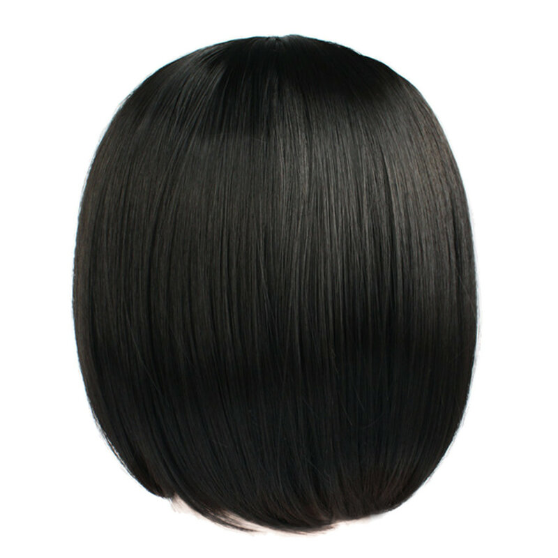 Wig sintetis lurus Bob pendek hitam dengan poni, rambut palsu Cosplay untuk pesta wanita, Wig alami sutra suhu tinggi