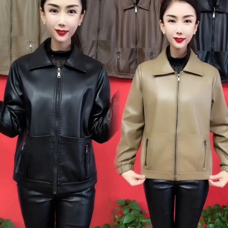 Jaket kulit PU wanita, atasan pendek 4XL wanita ukuran besar kualitas tinggi ukuran besar serba guna mode baru musim semi musim gugur 2024