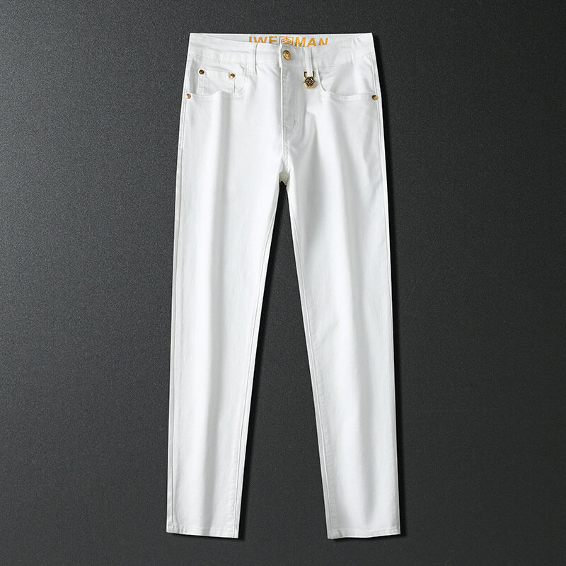 Celana Jeans pria, celana panjang jins tipis regang Slim-Fitting, modis dan semua-cocok warna Solid sederhana musim panas