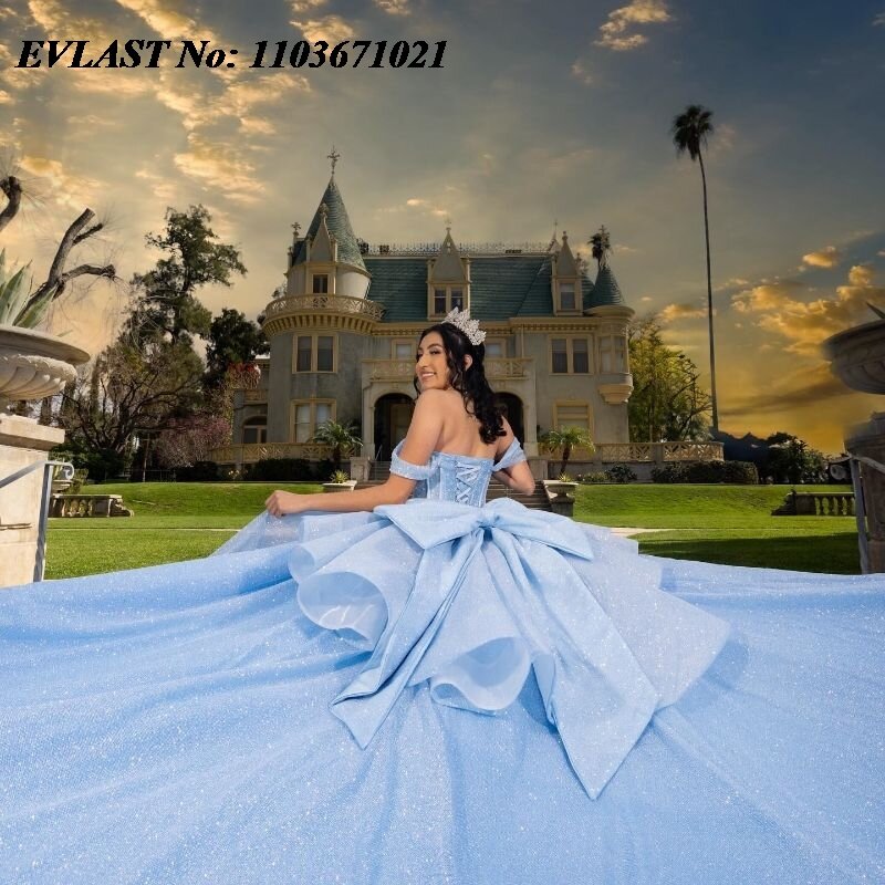 EVLAST Shiny Blue Quinceanera Dress Ball Gown Lace Applique Beaded Crystal Tiered With Bow Sweet 16 Vestidos De XV 15 Anos SQ153
