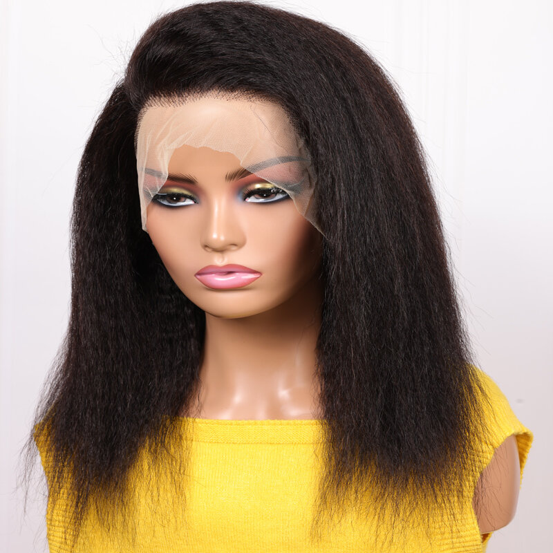 Perruque Bob Yaki Lace Front Wig crépue droite sans colle pour femme, cheveux de bébé noirs, densité 180, préplumée, douce, degré de chaleur, 16 po, 03/3