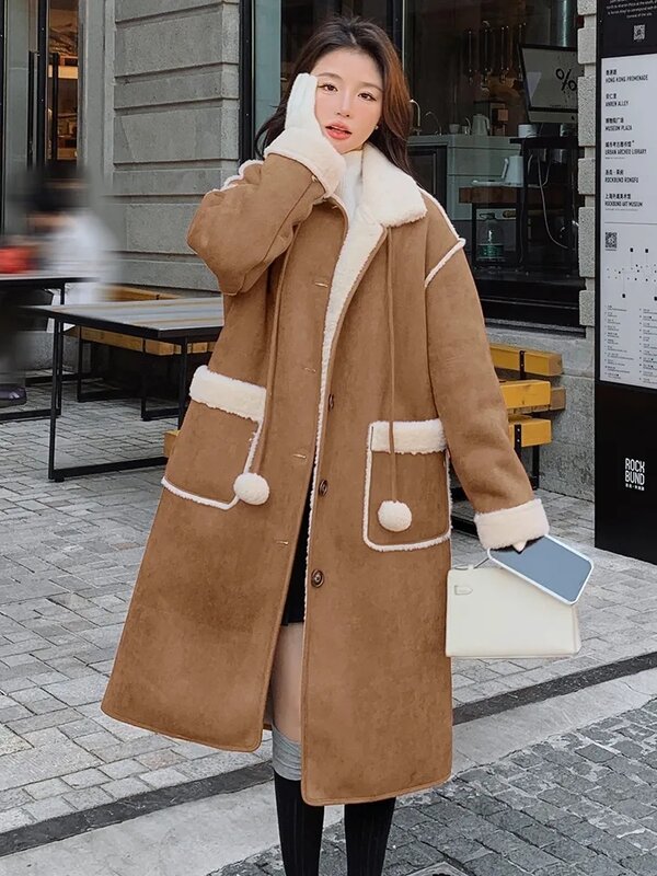 Futrzana kaszmirowa odzież wierzchnia damska jesień i zima 2024 nowy Temperament koreańska wersja średniej długości zamszowa płaszcz z podszewką na kolanach
