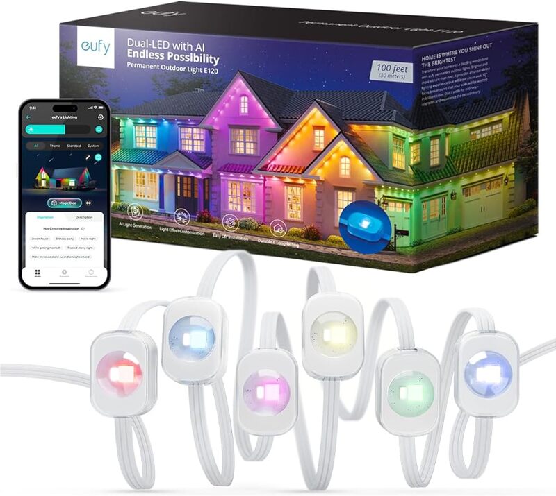 Eufy permanente Außen leuchten e120, 100ft mit 60 Dual-LED-RGB und warm weißen Trauf lichtern, App-Steuerung, Ai-Light-Design