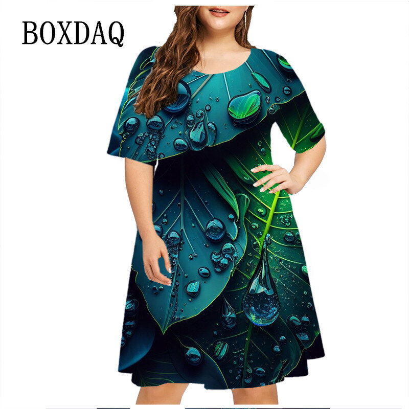 녹색 잎 빗방울 여성용 반팔 드레스, O-넥 루즈 플러스 사이즈 드레스, 캐주얼 3D 프린트 미니 드레스, 5XL, 여름 패션, 6XL