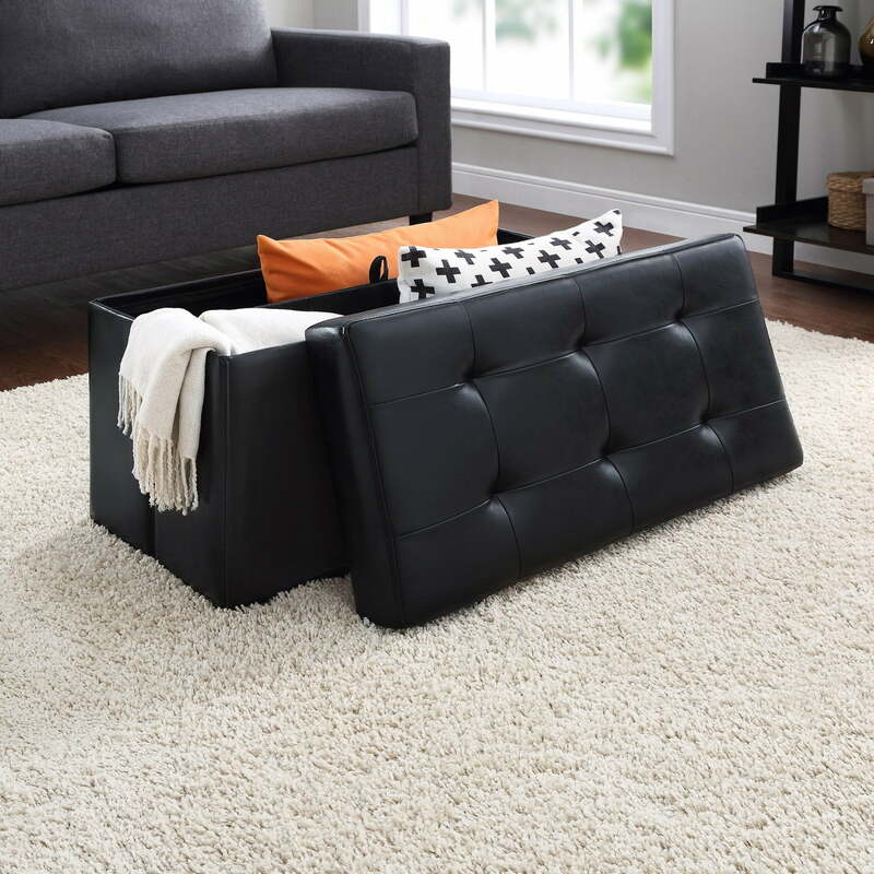 Mainstays 30-inch Collapsible Storage Ottoman, Quilted Black Faux Leather