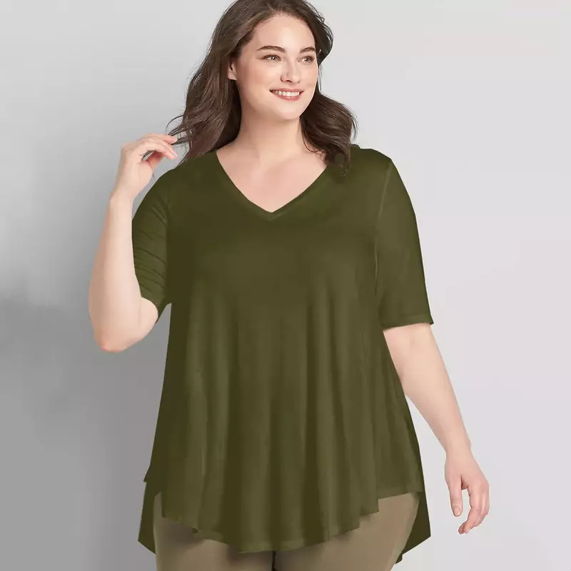 Túnica alta baixa de manga curta feminina, plus size, decote em v, sólido, verde exército, ajuste solto, flare, blusa balanço básica, blusa casual de verão