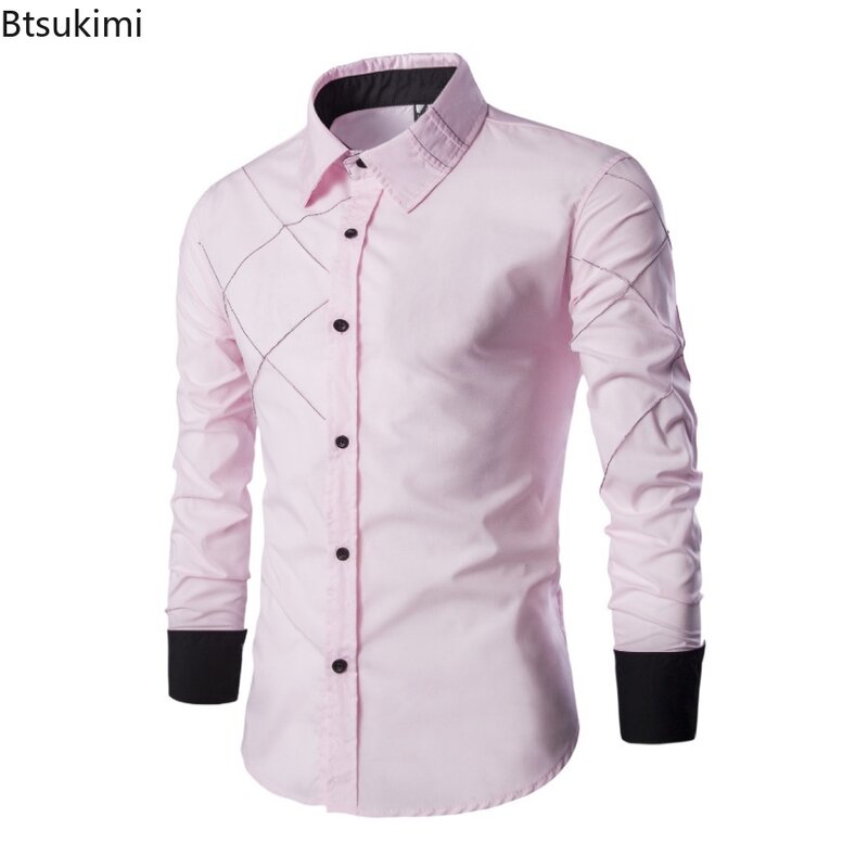 Camisas de algodón con solapa de manga larga para hombre, Camisas formales de estilo de negocios, de retazos, de un solo pecho, 2024