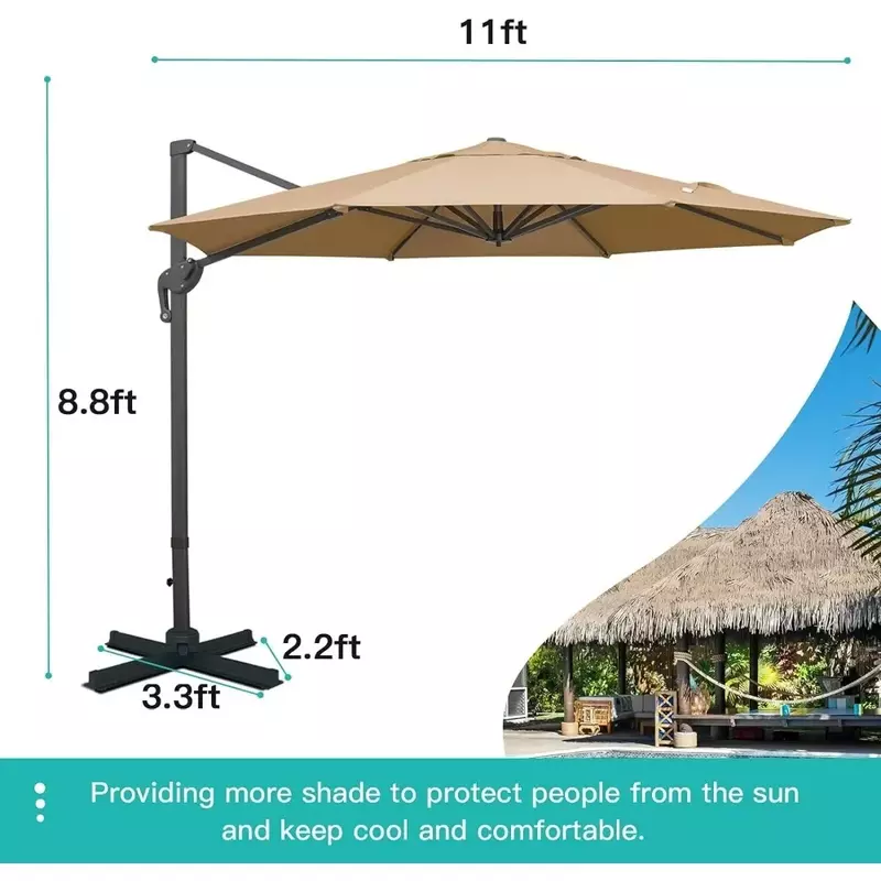 11FT Patio Hanging Umbrella 360°Rotation & Integrated Tilting System Heavy Duty for Market Garden Deck Pool Backyard Patio (Tan)