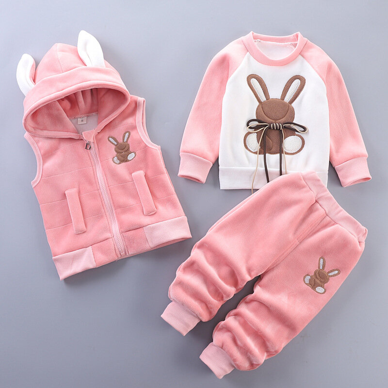 1-4 Years Winter Boys Clothing Set Keep Warm Cartoon Rabbit Sweatshirt+Hooded Vest+Pants 3Pcs Suit For Kids Children Cold Outfit