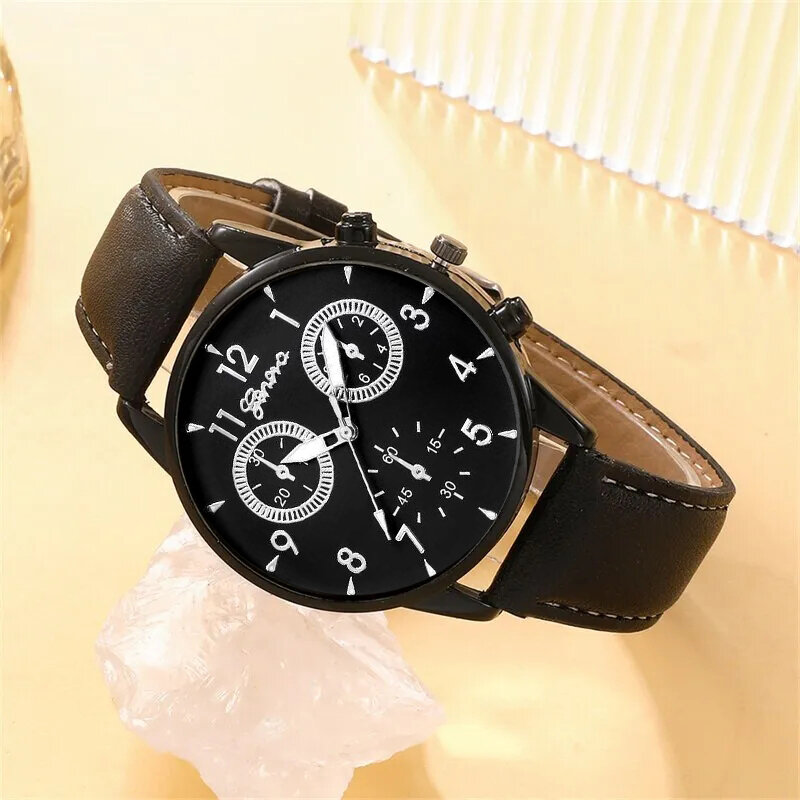 3PCS Set Fashion Mens Business Watches Men Casual Beaded Bracelet Necklace Black Leather Quartz Wrist Watch Relogio Masculino