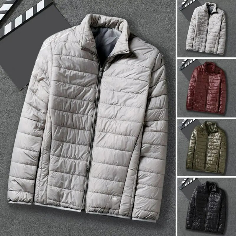 Windproof Cotton Coat Windproof Men's Winter Cotton Coat with Stand Collar Padded Pockets Soft Zip-up Jacket for Neck Protection
