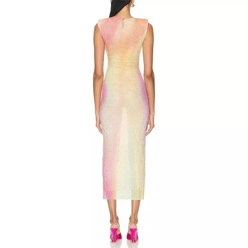 Długa sukienka damska Rainbow Hot Diamond 2023, nowa seksowna, wąska damska sukienka midi bez rękawów