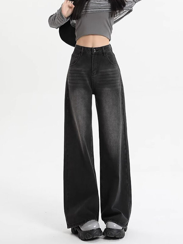 HOUZHOU Vintage workowate dżinsy damskie Streetwear Y2k szerokie nogawki oversize Harajuku jeansowe jesienne koreańskie spodnie modne dżinsy