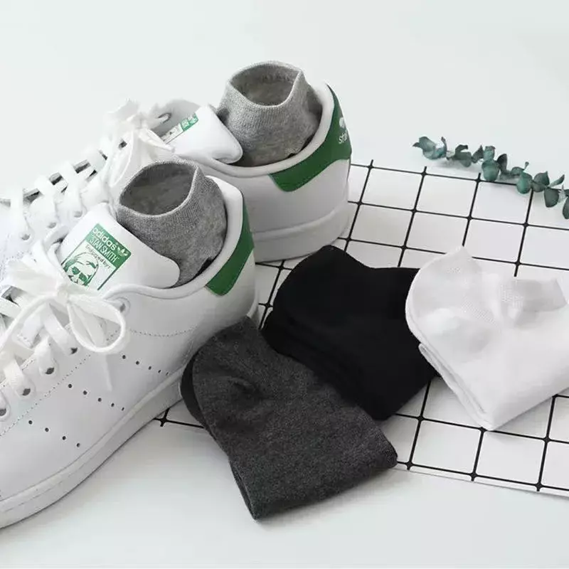 Meias esportivas respiráveis para mulheres, meias de cor sólida, meias confortáveis de algodão branco e preto, 10 pares