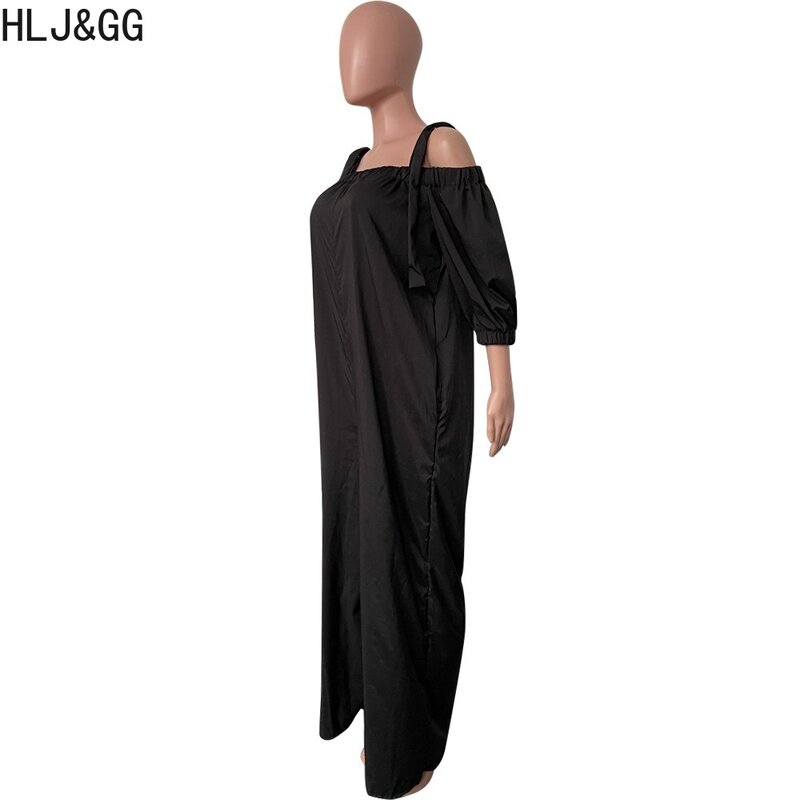 HLJ & GG jumpsuit wanita lengan panjang, jumpsuit celana kaki lebar longgar bahu terbuka, pakaian bermain warna hitam kasual musim gugur untuk wanita