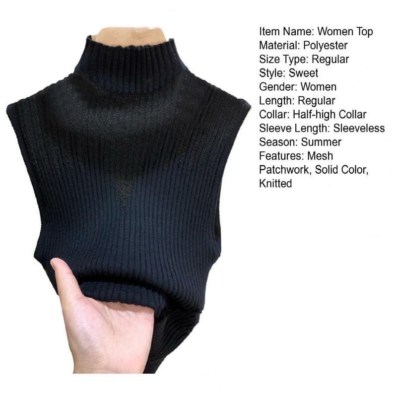 Женский топ, вязаный эластичный сетчатый лоскутный пуловер без рукавов с полувысоким воротником, женский летний топ, облегающий вязаный жилет