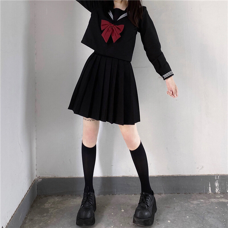 Japoński mundurek szkolny dziewczyny Plus Size Jk Suit czerwony krawat czarne trzy podstawowe mundury marynarskie damskie kostium z długim rękawem