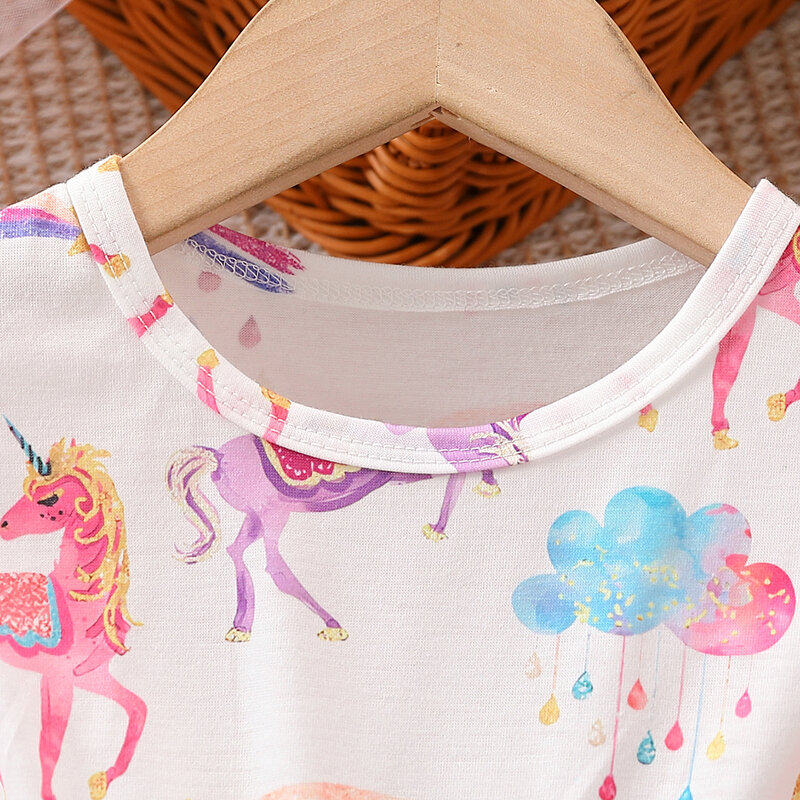 Vestido de verano para niñas de 1 a 8 años, traje de princesa con manga de tul con volantes, bonito dibujo de unicornio, a la moda, para vacaciones