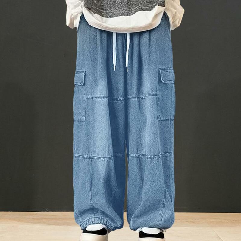 Джинсы-карго мужские мешковатые, джинсовые брюки-карго с эластичным поясом, с несколькими карманами, свободные широкие штаны, однотонные