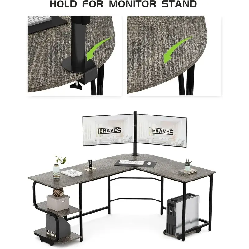 Teraven reversibler l-förmiger Schreibtisch mit großer Oberfläche, stabiler 61-Zoll-Eckschreibtisch mit Ablage fächern, Büro computer tisch