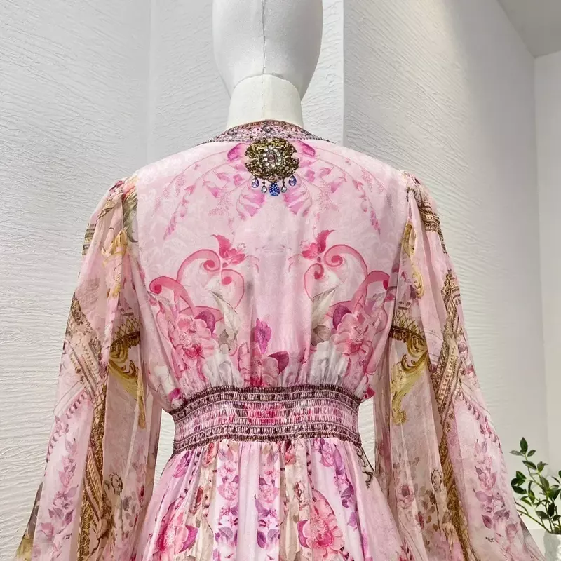Mini vestido de manga longa de lanterna feminino, seda, rosa, estampa floral, diamantes, alta qualidade, vintage, primavera, verão, novo, 2022