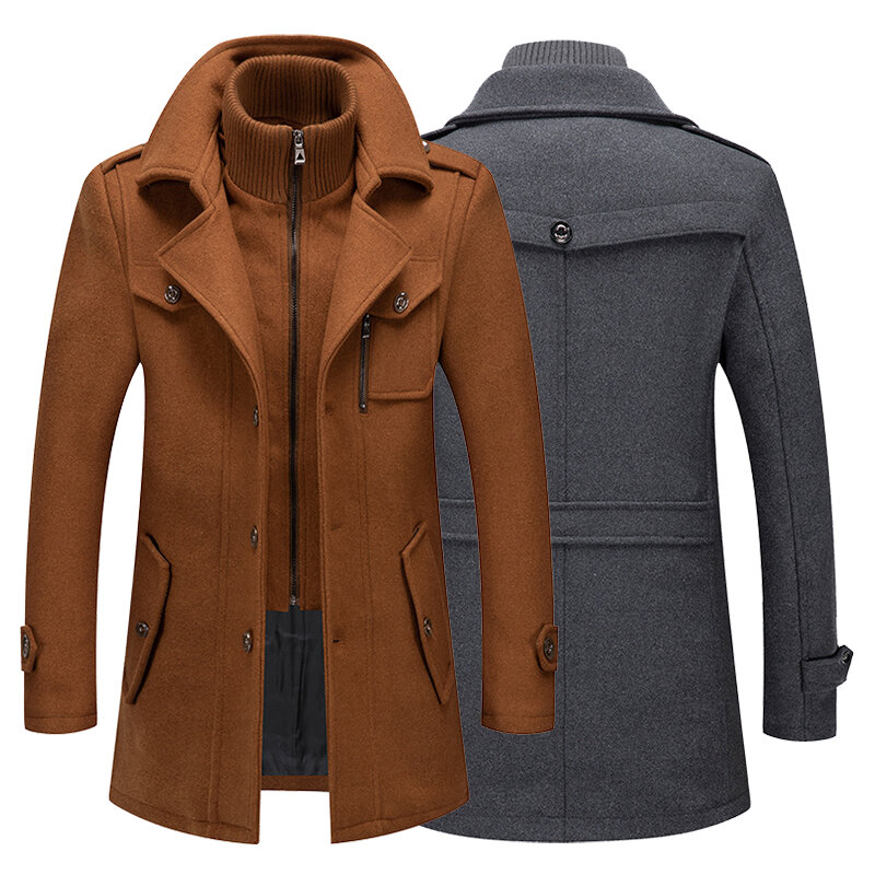 Luxus männer Woolen Mantel Gefälschte Zwei Stück Zipper Buttons Mantel Langen Ärmeln Freizeit Casual Top Qualität Mäntel Winter ropa hombre