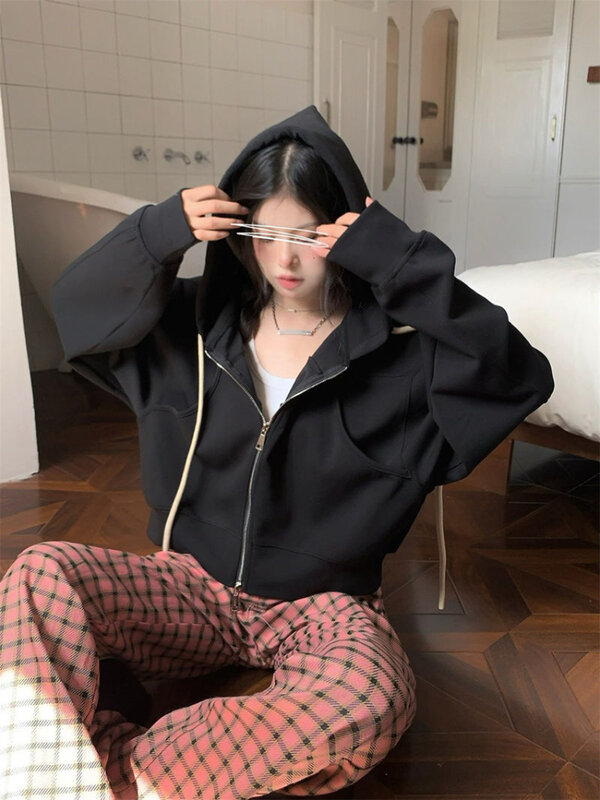 Deeptown harajuku sólido recortado hoodies mulheres hip hop zip up camisolas de grandes dimensões vintage solto casual tops casaco de moda coreana
