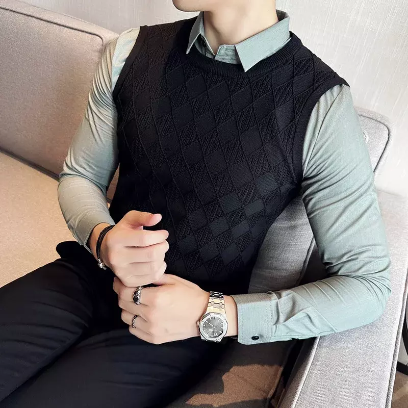 Top Quality Fall/winter Men Shirt Neck Sleeveless Knit Sweater New Fake Two Shirts Vest Men's Pullover Shirt Sleeve Vest Sweater