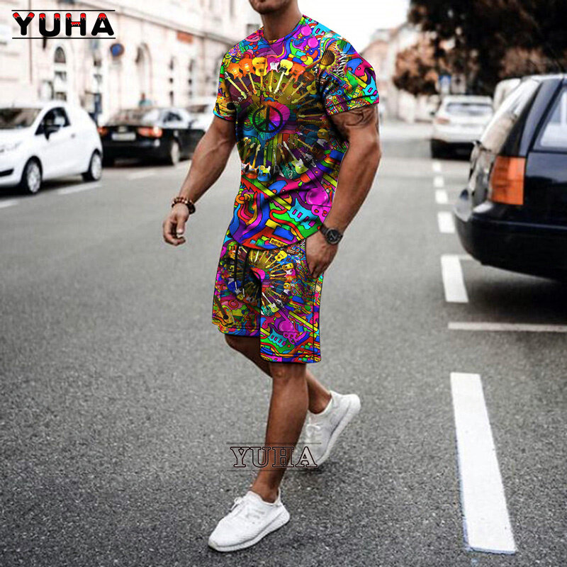 YUHA, męska koszulka w stylu Vintage Streetwear 3D koszulka z nadrukiem dla mężczyzny wysokiej jakości letni T-shirt spodenki dwuczęściowy zestaw dresowy ponadgabarytowy Cl