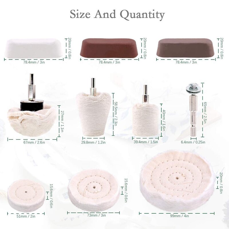 20 Pcs Buffing Pad Polishing Wheel Kits With 6Pcs Rouge Compound With 1/4 Inch Handle