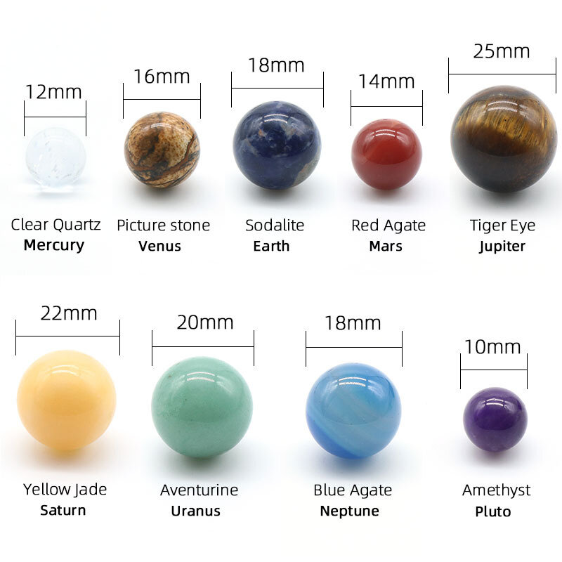 Fashion Natural Quartz Stone 9 Planet Ball Solar Sun System Crystal Rock  Healing Reiki Chakra Energy Sphere Galaxy Model Globe