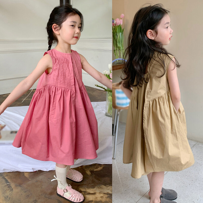 Dziecięca dziewczynka słodka księżniczka sukienka na imprezę lato rozkloszowana sukienka koreański styl przyjazny dla skóry marszczona sukienka do kolan