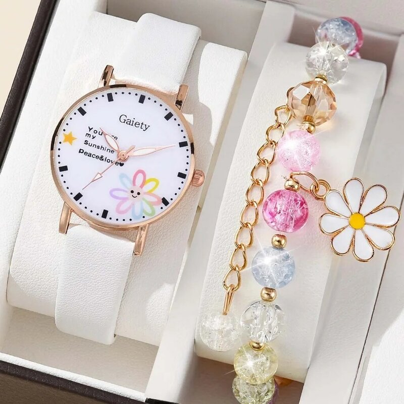 [Бесплатный браслет] милые детские часы с цветком карамельных цветов, Студенческие Кварцевые часы с маленькой маргариткой, Набор браслетов без коробки