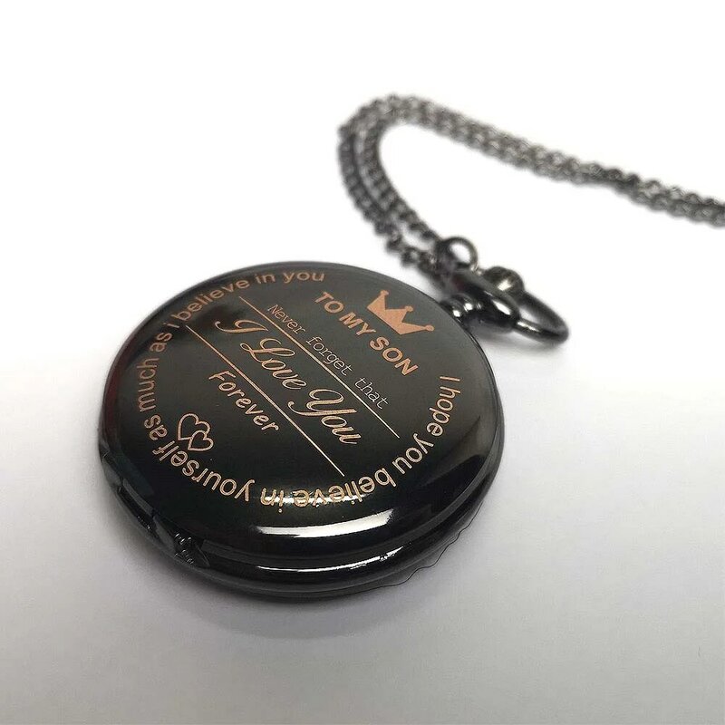 To My Son Pocket Watch Quartz Never Forget I Love You Forever Necklace Black Case for birtherday Gift Vintage Fashion Steampunk