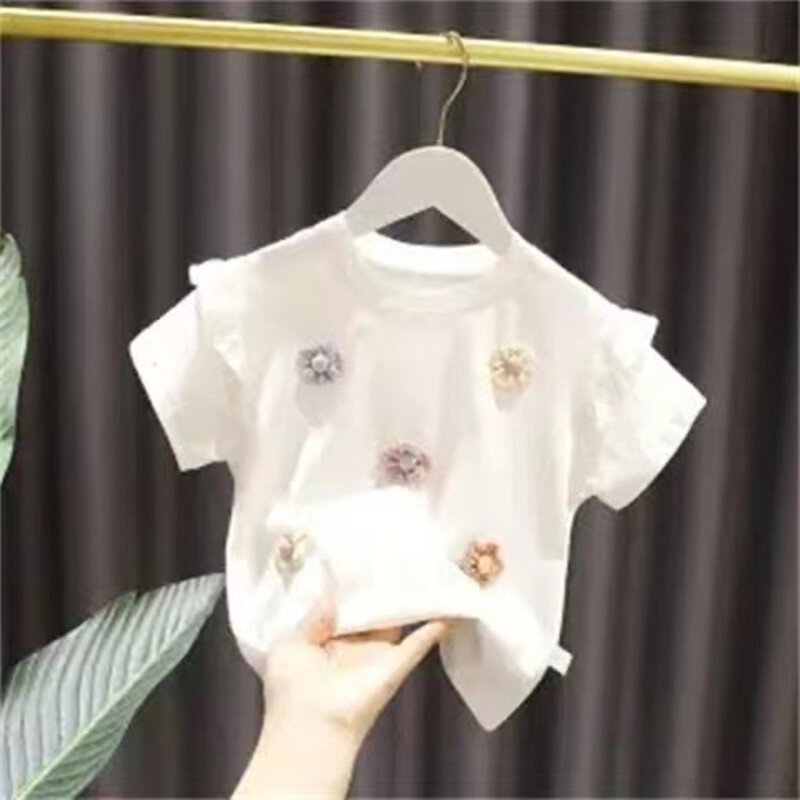 T-shirt de manga curta de renda fofa para meninas, camisa de algodão para bebê, menina infantil, nova, verão, 2024
