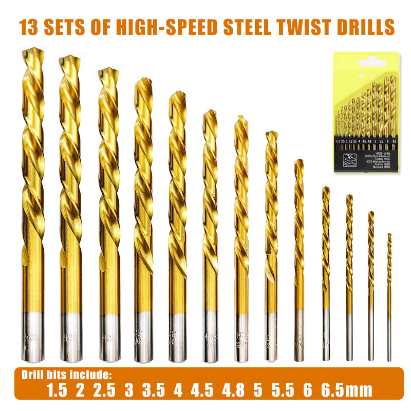 Rodada Shank Twist Broca Set, Titânio Revestido, Cortador, Pistola de Aço de Alta Velocidade, Ferramenta De Metal Para Carpintaria, 13 Pcs, 1.5-6.5mm