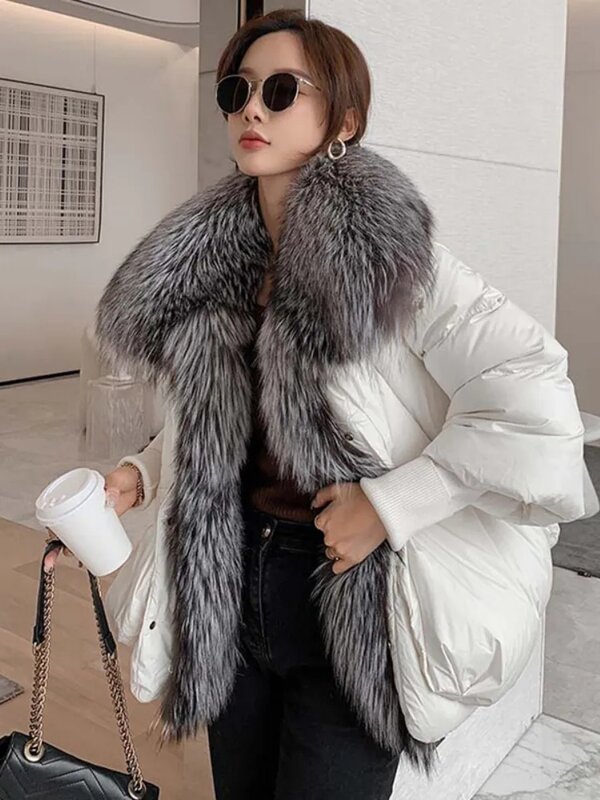 Manteau d'hiver en fourrure de renard véritable pour femme, veste en duvet de canard blanc, doudoune à la mode, manches tricotées chaudes, 90%
